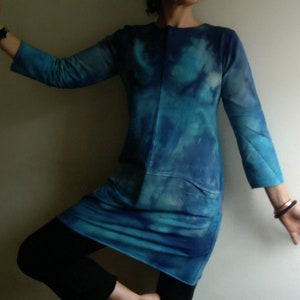 Hand-Dyed Blue Cotton Knit Dress with Pockets - Vegan Tunic
