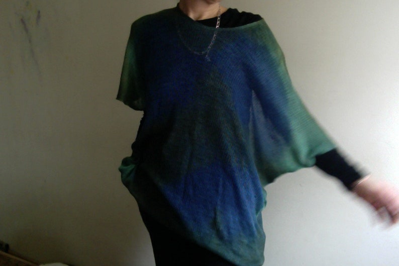 Linen Tunic, linen knit T-SHIRT, kimono blouse, oversize linen top, blue green shirt, hand-dyed unique linen knitwear vegan fashion by Tati image 6