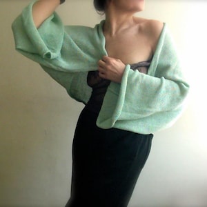 ニットコットン着物ラップ：グリーンボレロシュラッグ、ヴィーガンファッション