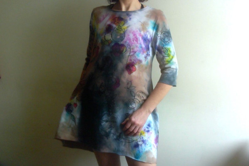 Unique hand dyed and painted cotton dress with 3/4 slevees and pockets, Vegan Dress, knit cotton Tunic, hand painted pattern by Tati image 2