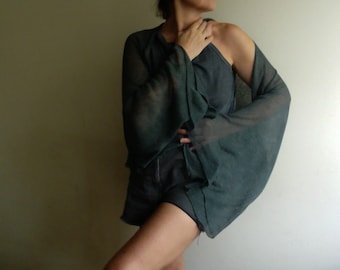 Hand-Dyed Linen Kimono: Oversize Knit Bolero- Scarf, Vegan Wear