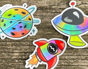 Pegatina espacial: cohete, planeta, nave extraterrestre o los tres / Colores tie-dye / pegatina transparente