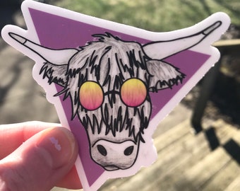 Buey con gafas de sol; pegatina de vinilo de triángulo morado