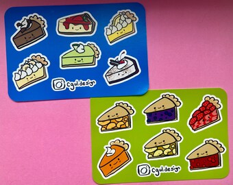 Hoja de calcomanías de Cutie Pie: pasteles de frutas, pastel de calabaza, pastel de lima, pastel de queso, pastel de chocolate, etc.; 6 calcomanías por hoja, 2 diseños diferentes