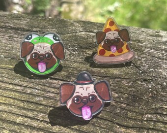 Pin acrílico de Pug con sombrero: sombreros de bombín, rana y pizza (3,8 cm)