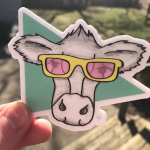 Cow Wearing Yellow Sunglasses; Aqua Triangle Sticker