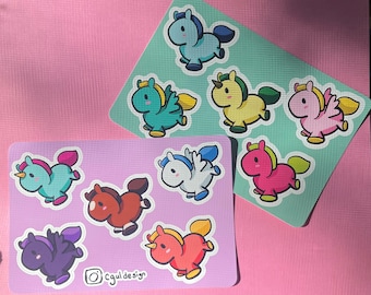 Linda hoja de pegatinas: caballos, unicornios y pegasos; 6 pegatinas por hoja, 2 diseños diferentes