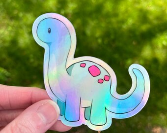 Pegatina holográfica azul claro de cuello largo Dino