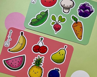 Hoja de pegatinas de frutas y verduras: hoja de pegatinas de frutas; hoja de pegatinas de verduras; 6 pegatinas por hoja,