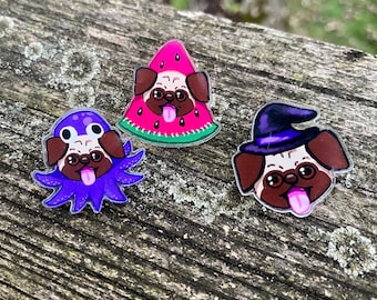 Pin acrílico de Pug con sombrero: Bruja, Sandía y Pulpo (3,8 cm)