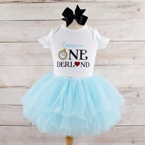 Baby Girl Alice In Onederland Birthday Outfit, Wonderland Tutu Personalized Bodysuit, Perfect for Cake Smash, Birthday Photos, Gift for Girl