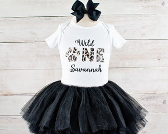 Baby Girl Wild One Birthday Outfit, Jungle Leopard Print Tutu Personalized Bodysuit, Perfect for Cake Smash, Birthday Photos, Gift for Girl