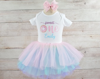 Baby Girl Sweet One Outfit, Donut Tutu Personalized Bodysuit, Perfect for Cake Smash or Under the Sea Birthday Photos