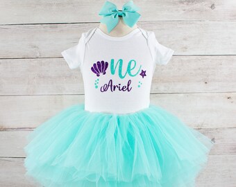 Baby Girl Mermaid Birthday Outfit, Little Mermaid Tutu Personalized Bodysuit, Perfect for Cake Smash or Under the Sea Birthday Photos