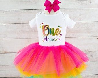 Baby Girl Neon Rainbow Outfit, Rainbow Unicorn Tutu Personalized Bodysuit, Perfect for Cake Smash or Birthday Photos