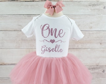 Baby Girl First Birthday Outfit, Rose Gold Tutu and Personalized Bodysuit, Perfect for Cake Smash or Birthday Photos, Gift for Baby Girl