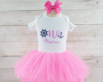 Baby Girl Sailor Birthday Outfit, Nautical Tutu Personalized Bodysuit, Perfect for Cake Smash or Birthday Photos, Gift for Baby Girl
