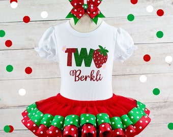 Two Berry Sweet birthday tutu outfit for a strawbery party, cake smash, or photos. Your two sweet one will be the cutest berry in the patch!