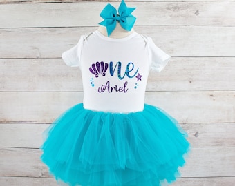Baby Girl Mermaid Birthday Outfit, Little Mermaid Tutu Personalized Bodysuit, Perfect for Cake Smash or Under the Sea Birthday Photos