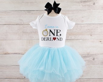 Baby Girl Alice In Onederland Birthday Outfit, Wonderland Tutu Personalized Bodysuit, Perfect for Cake Smash, Birthday Photos, Gift for Girl