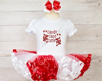 Girls Christmas Candy Cane Tutu Outfit: Shirt & Ribboned Tulle