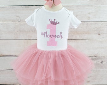 Baby Girl First Birthday Outfit, Rose Gold Tutu and Personalized Bodysuit, Perfect for Cake Smash or Birthday Photos, Gift for Baby Girl