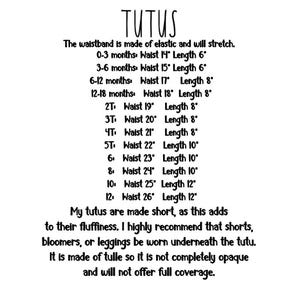 May include: White text on a white background lists tutu sizes and measurements. Sizes range from 0-3 months to size 12, with waist and length measurements in inches. The text also describes the tutu's features.