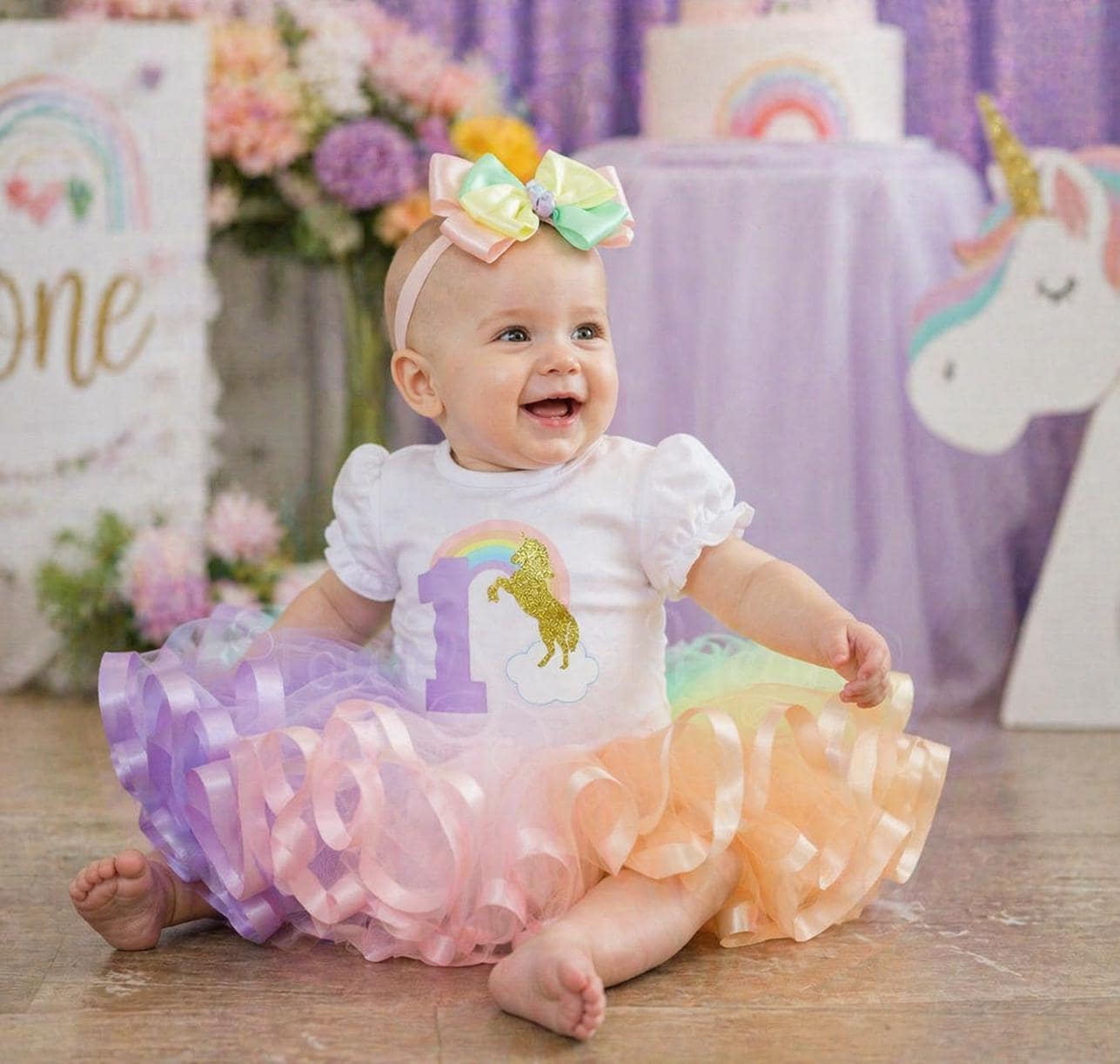 first birthday unicorn dress Pastel Multi Princess Unicorn Dress, Girls First Birthday Tutu Dress main image 0