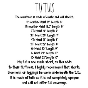 May include: White text on a white background describes tutus. The text includes size measurements for various ages, ranging from 12 months to size 10. The text also mentions the tutus are made of tulle.