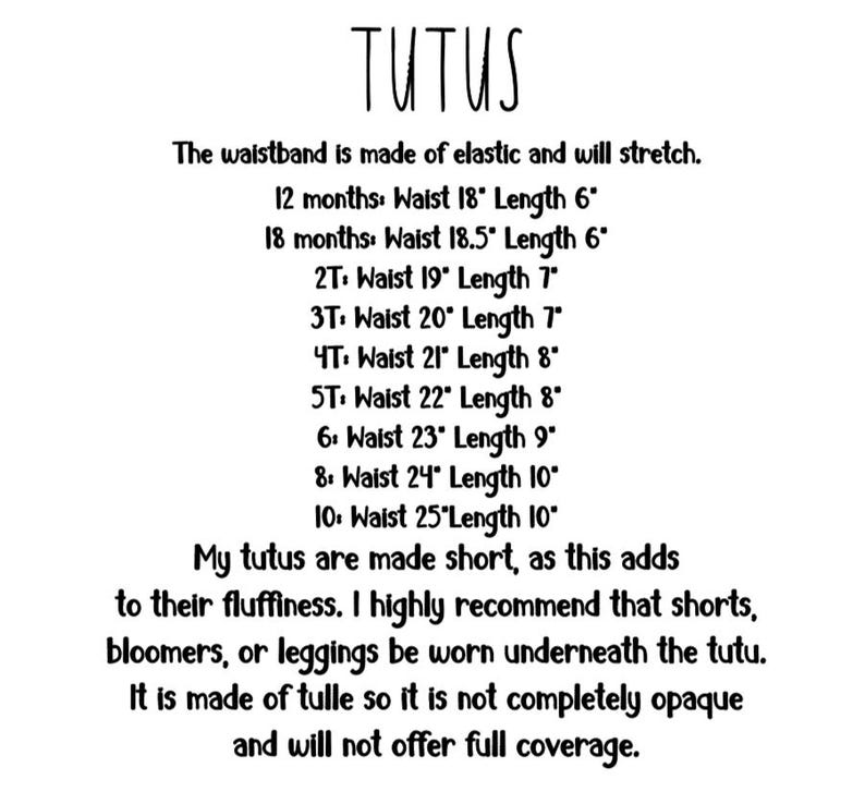 May include: White text on a white background describes tutus. The text includes size measurements for various ages, ranging from 12 months to size 10. The text also mentions the tutus are made of tulle.