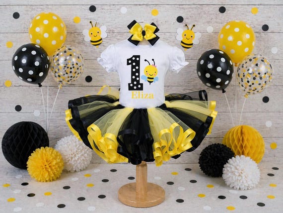 Girls Bee First Birthday Outfit: Tutu, Shirt & Bow