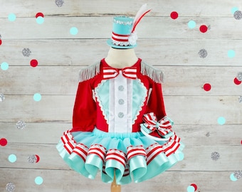 Girls Circus Costume Carnival Outfit Girl Circus Birthday Outfit Ringleader Circus Dress Ringmaster Shirt Circus Birthday Dress Red Aqua