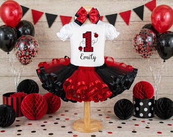 Ladybug 1st Birthday Outfit: Girls Tutu, Shirt & Bow
