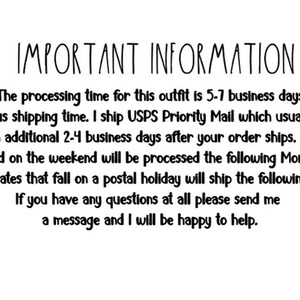 May include: White background with black text that reads "IMPORTANT INFORMATION". The text details processing and shipping times, including USPS Priority Mail. It also mentions weekend order processing and holiday shipping.
