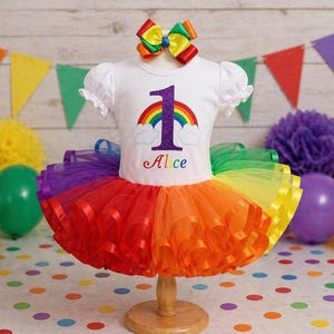 Rainbow Birthday Outfit: Personalized Tutu, Shirt & Hairbow