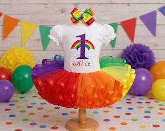 Rainbow Birthday Outfit: Personalized Tutu, Shirt & Hairbow