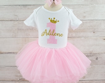 Baby Girl First Birthday Outfit, Light Pink Tutu and Personalized Bodysuit, Perfect for Cake Smash or Birthday Photos, Gift for Baby Girl