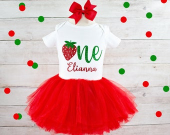 Baby Girl Strawberry Birthday Outfit, Berry Sweet Tutu Personalized Bodysuit, Perfect for Cake Smash or Birthday Photos, Gift for Baby Girl