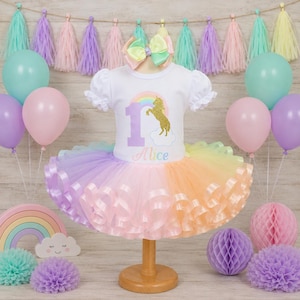 Birthday Unicorn Outfit: Pastel Rainbow Tutu, Personalized Shirt & Hairbow