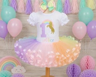 Birthday Unicorn Outfit: Pastel Rainbow Tutu, Personalized Shirt & Hairbow