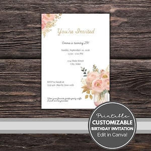 Printable Birthday Invitation Rose Gold Template Editable Canva Invite Pink Floral 5x7 Birthday Party Invitation Instant Download