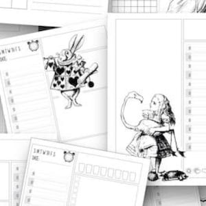 Peut inclure: Une collection de pages de planificateur imprimables en noir et blanc illustrées avec des motifs d'Alice au pays des merveilles. Les pages comprennent des emplois du temps, des suivis d'habitudes et des listes de tâches avec divers personnages.