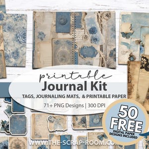 Kit imprimable de journal indésirable bleu et ivoire, étiquettes autocollantes, papiers numériques, coupe difficile, éphémères, embellissements, kit de journal indésirable minable