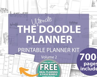 Può includere: Un kit di pianificazione stampabile chiamato "The Doodle Planner", Volume 2, con oltre 700 pagine. Include un pacchetto di pianificazione dei pasti gratuito di 8 pagine. Il design presenta uno sfondo viola con testo bianco e illustrazioni.