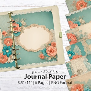 Vintage Coral and Turquoise Floral Paper Digital Paper junk journal floral pages shabby, printable, journal paper, journal kit