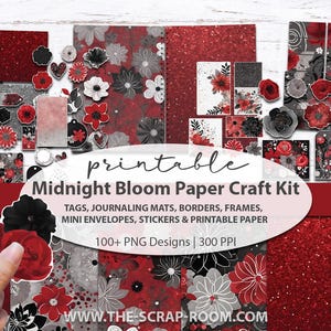 Kit de manualidades de papel imprimible para diario basura en colores florales rojo, negro y blanco. Kit de manualidades de papel para álbumes de recortes, diarios y suministros para hacer tarjetas.