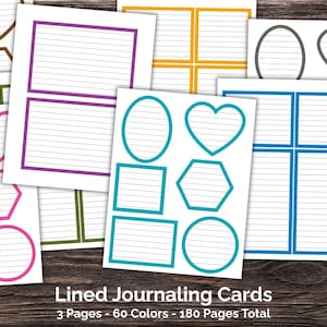 May include: A collection of printable journaling cards featuring various geometric shapes including hearts, circles, ovals, squares, and hexagons with internal horizontal lines. The cards are displayed in multiple colors. Text at the bottom reads: Lined Journaling Cards, 3 Pages - 60 Colors - 180 Pages Total.