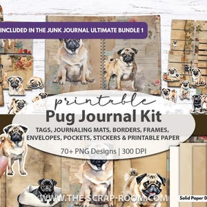 junk journal kit pug printable dog lover digital papers fussy cut stickers printable ephemera embellishments print and cut png for crafts