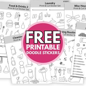 May include: A set of free printable doodle stickers for organizing and labeling. The stickers feature various categories, including food and drinks, laundry, miscellaneous household items, cleaning supplies, and tools. Each sticker sheet has a black and white outline design.