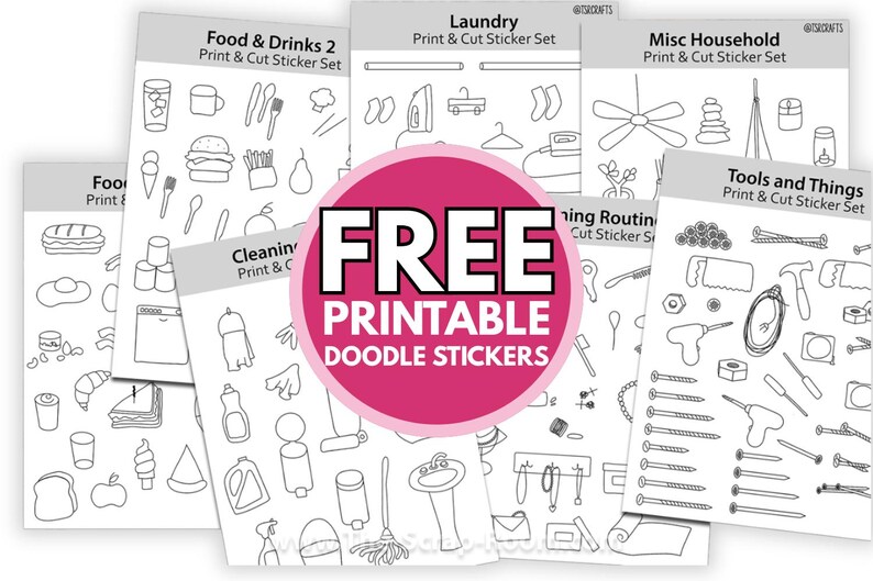 May include: A set of free printable doodle stickers for organizing and labeling. The stickers feature various categories, including food and drinks, laundry, miscellaneous household items, cleaning supplies, and tools. Each sticker sheet has a black and white outline design.
